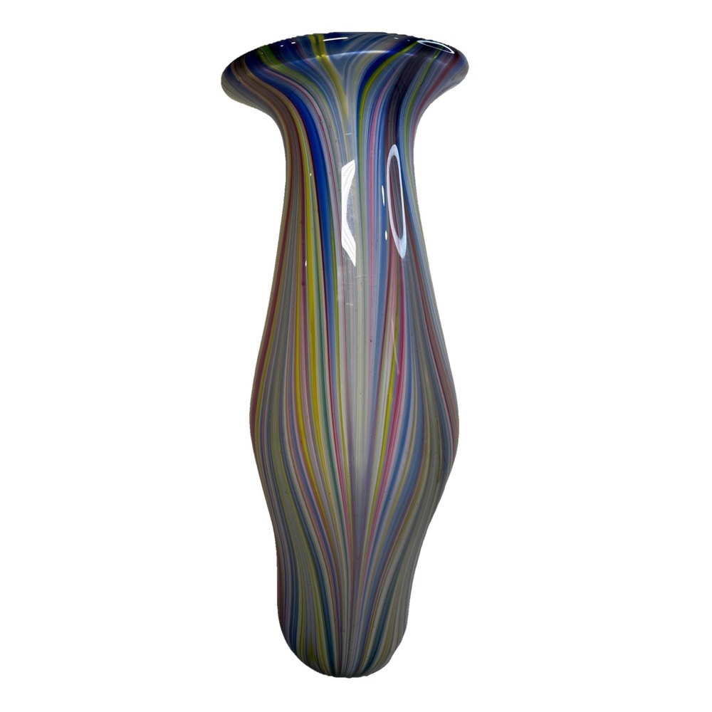 Hand Blown Rainbow Striped Art Glass Vase Tall Hourglass Multicolor 18.5 Inch